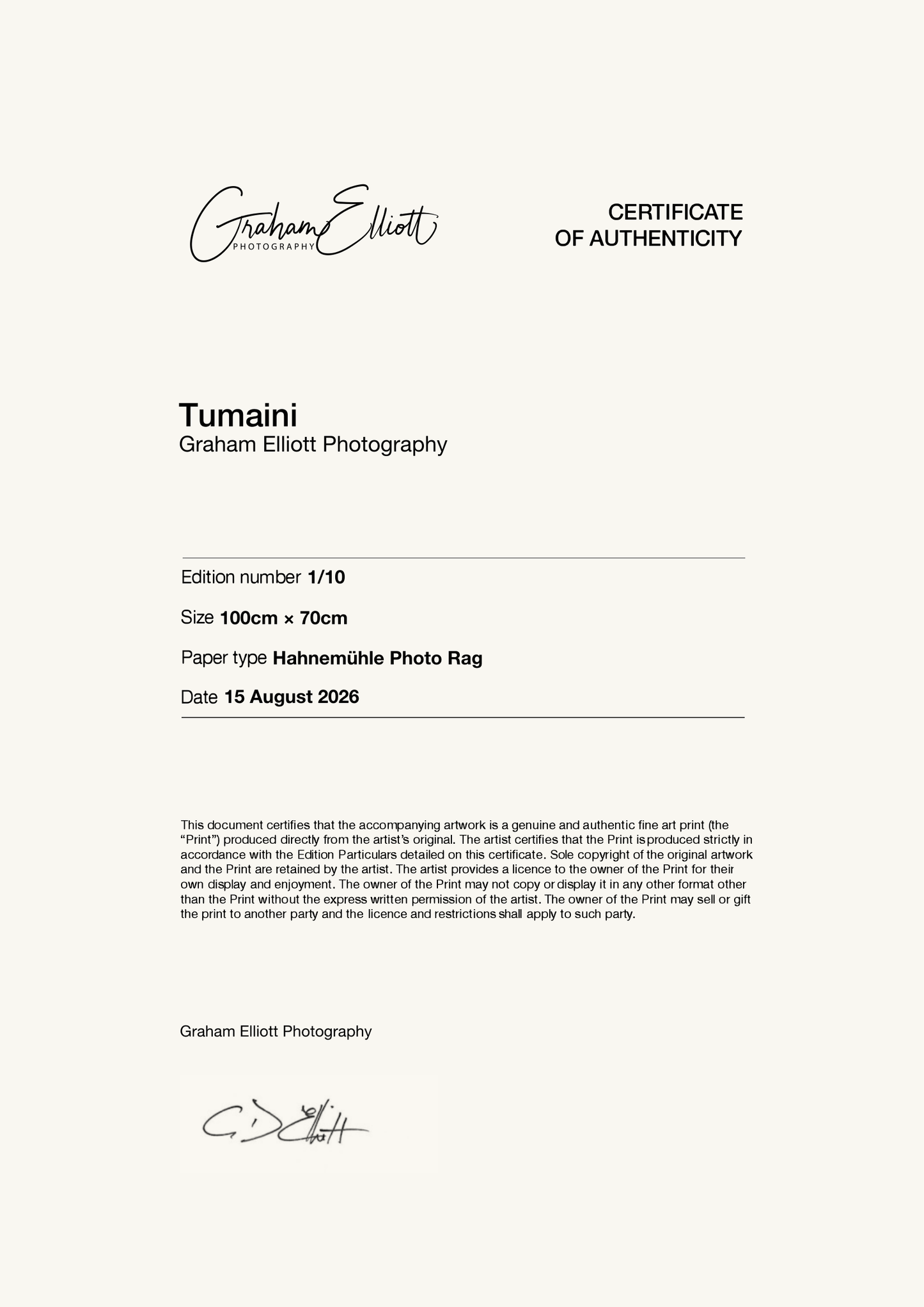 Tumaini — Certificate of Authenticity