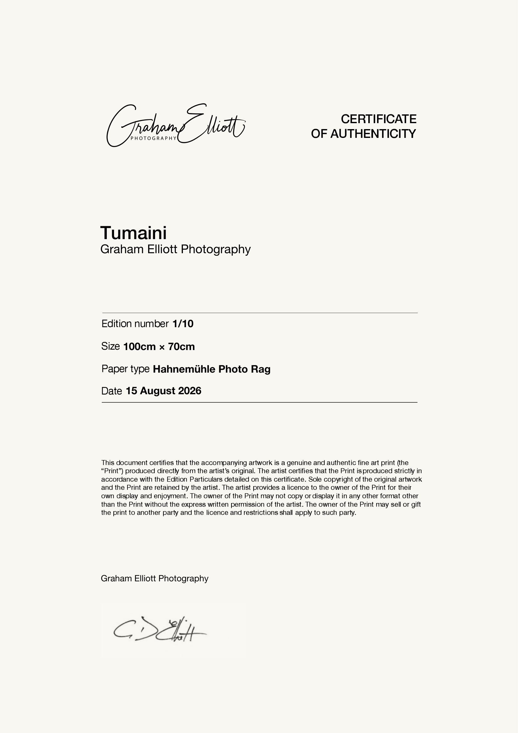 Tumaini — Certificate of Authenticity