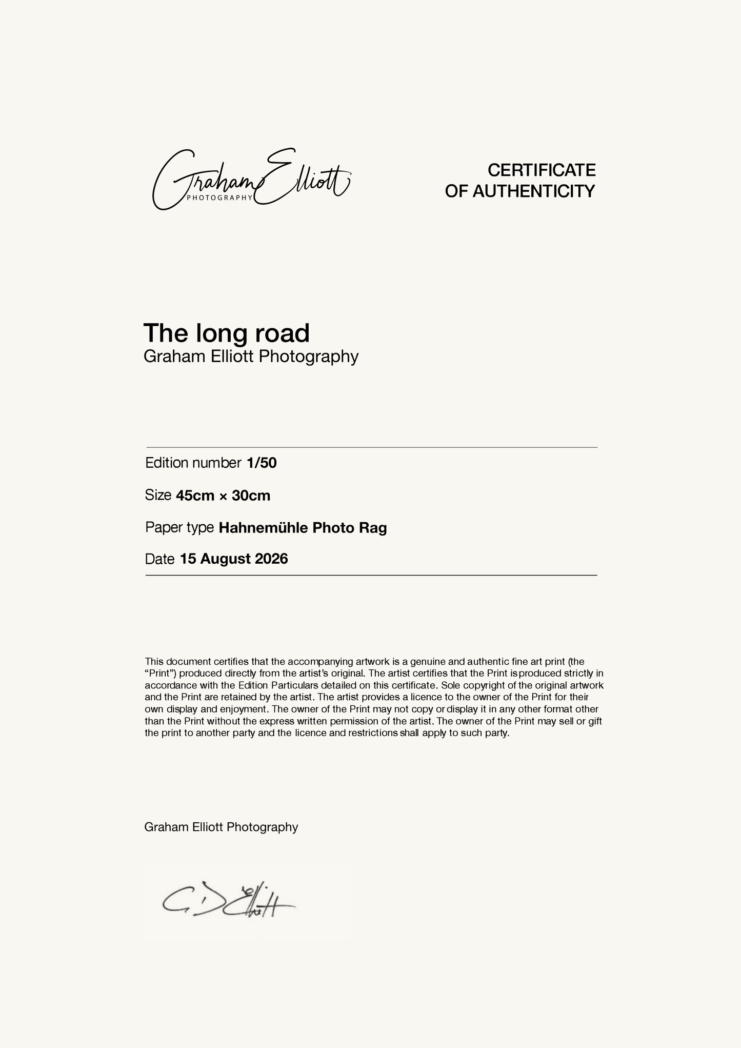 The long road — Certificate of Authenticity