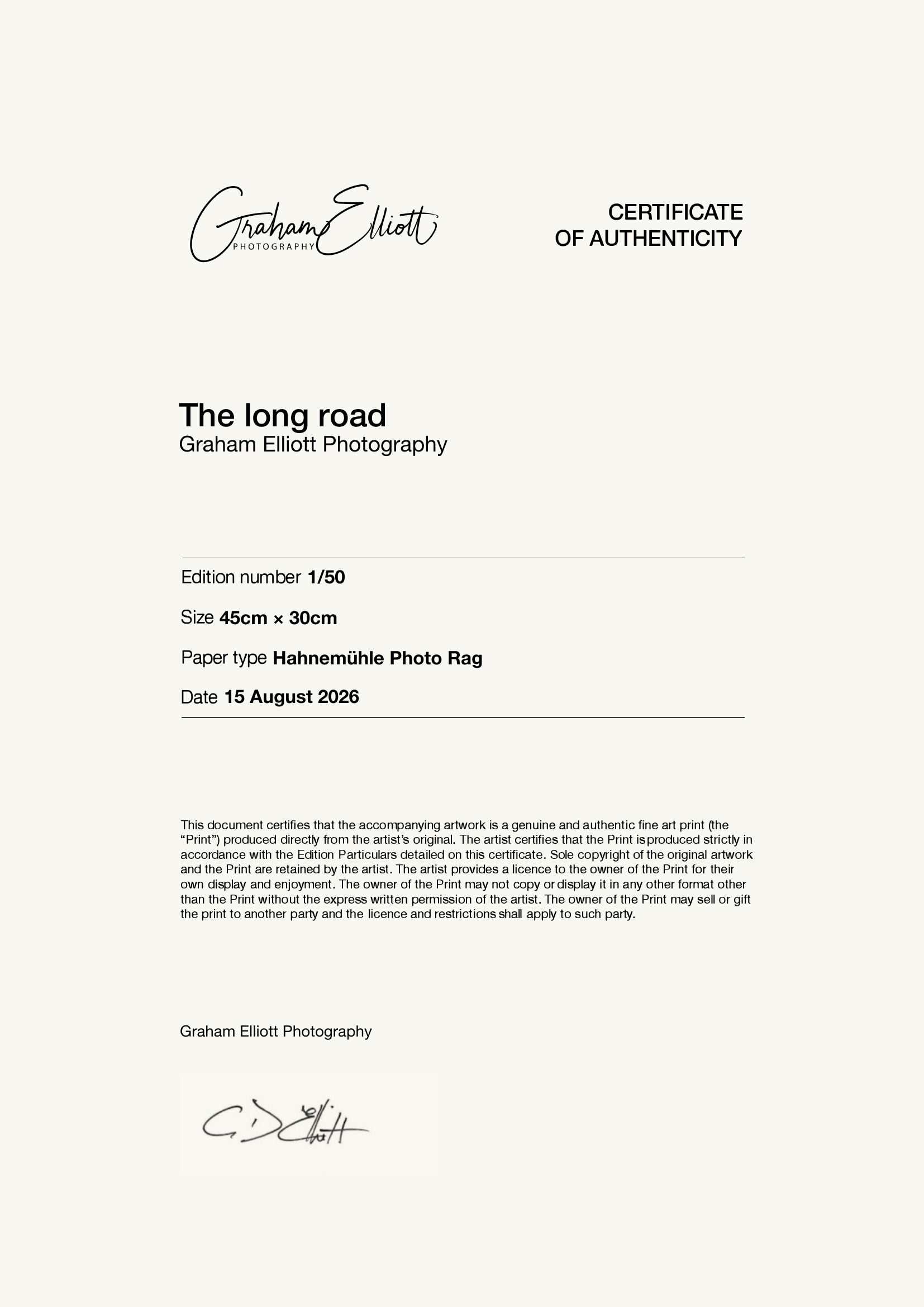 The long road — Certificate of Authenticity